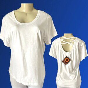 Ojai L White Logo Open Weave Detai Triml Neckline Caged Back Short Sleeve Tee